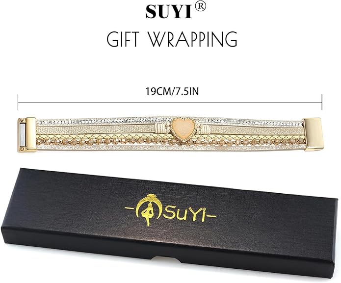 Suyi Multilayer Leather Wrap Bracelet Heart-Shape Wide Cuff Bracelets for Women