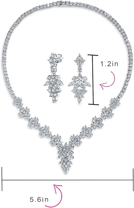 Bridal Jewelry Set Art Deco Vintage Estate Style Cubic Zirconia Marquise Leaf Teardrop AAA CZ Statement Cleavage Choker Necklace & Chandelier Dangle Clip On Or Pierced Earrings For Women Pageant