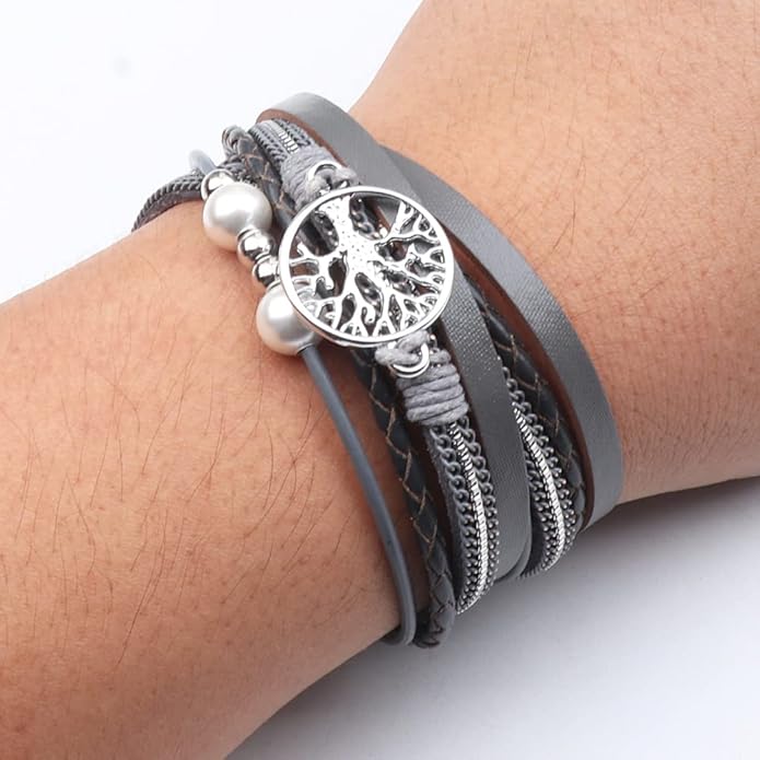 KSQS Tree of Life Leather Multi-Layer Wraps Bracelet,Boho Wide Buckle Wristband Bangle,Braided Cuff Bracelets for Women