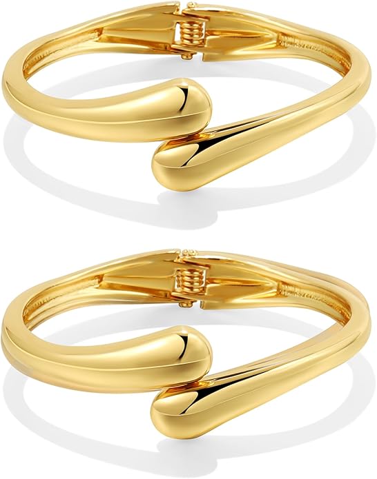 2Pcs Bangle Bracelets for Women Gold Arm Cuff 14k Gold Plated Chunky Gold Bangle Set Hinged Cuff Bracelets Trendy Arm Cuff Jewelry for Women