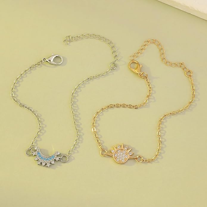 PINK TOWN Sun Moon Bracelet Set Stackable Bracelet for Women Men Sparkling Gold Sun Ring/Blue Moon Bracelet Couple Bracelet Matching Bracelet as Friendship Best Friend Jewelry for Women Men