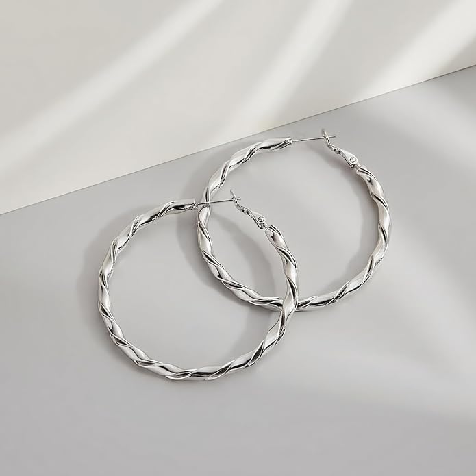 14k Gold Plated Hoop Earrings for Women, 925 Sterling Silver Posts Thick Twist Hypoallergenic Chunky Large Earrings 20mm 30mm 40mm 50mm