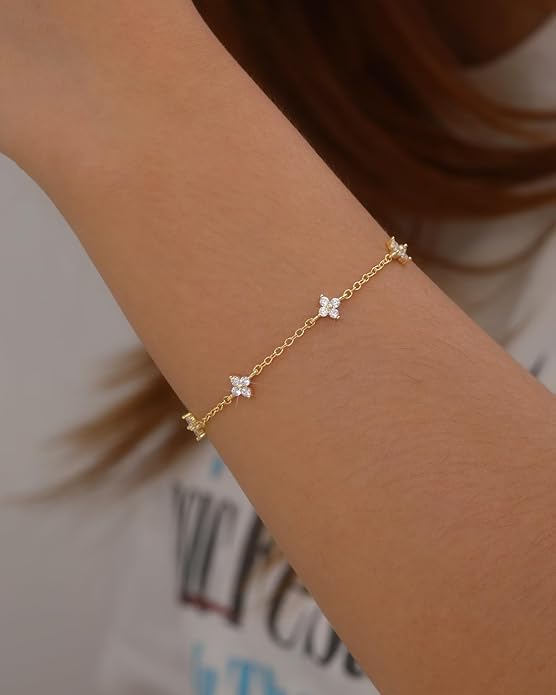 JSJOY Birthstone Bracelets for Women, 14K Gold Bracelets for Women Mom Gifts Birthday Valentines Day Gifts for Gf Dainty Flower Gift for Her Birthstone Bracelet Mothers Day Gift