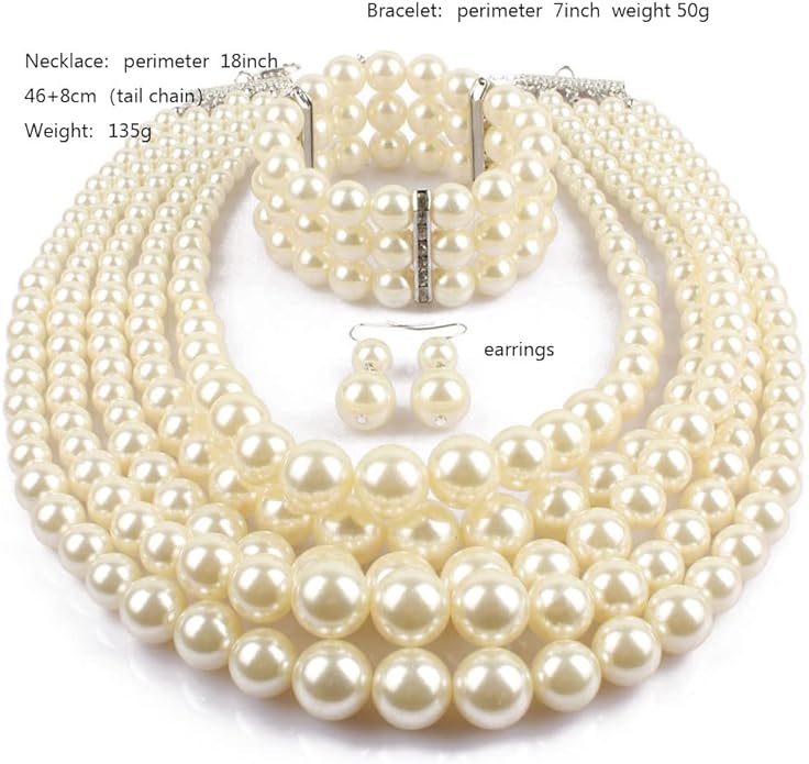 Exaggerated Imitation pearl multi-layer Necklace+bracelet+earring Large pearl necklace Wedding jewelry set for Women's and girls gifts(Multicolor optional)