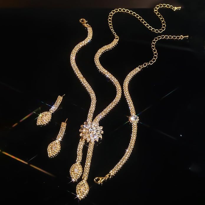 4 Pieces Cubic Zirconia Wedding Jewelry Sets for Bride Rhinestone Bridal Jewelry Set Necklace Bracelet Earring Ring for Brides Bridesmaid for Wedding Party