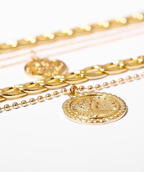 MJartoria Layered Necklaces for Women Trendy Retro Coin Pendant Necklace Dainty Chunky Chain Necklaces for Jewelry Birthday Gifts