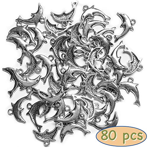 Heather's cf Silver Sea Charms – Antique Pendants, Non-Tarnish, Lead-Free & Nickel-Free, Bulk Ocean Animal Charms for DIY Jewelry, Bracelets, Necklaces, Earrings, Beach Craft Supplies (Sea Animals) - color: Dolphin-80pcs