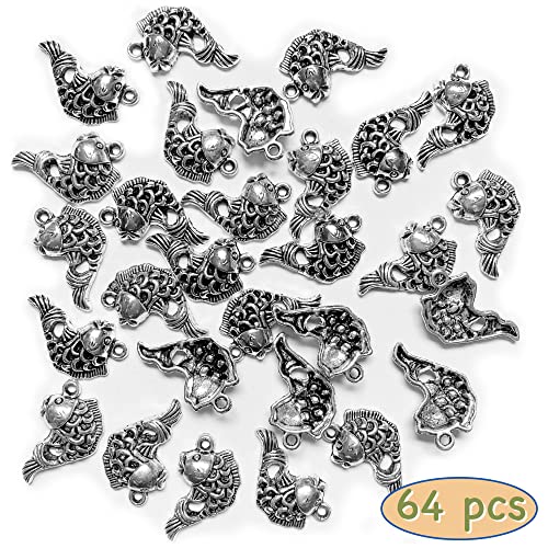 Heather's cf Silver Sea Charms – Antique Pendants, Non-Tarnish, Lead-Free & Nickel-Free, Bulk Ocean Animal Charms for DIY Jewelry, Bracelets, Necklaces, Earrings, Beach Craft Supplies (Sea Animals) - color: Cyprinoid charms-64pcs