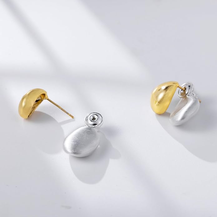 Two-Tone Chunky Oval Ball Earrings for Women, 2 in 1 Gold Silver Front and Back Stud Earrings, Lightweight 925 Sterling Silver Post, Fashion Jewelry Gift