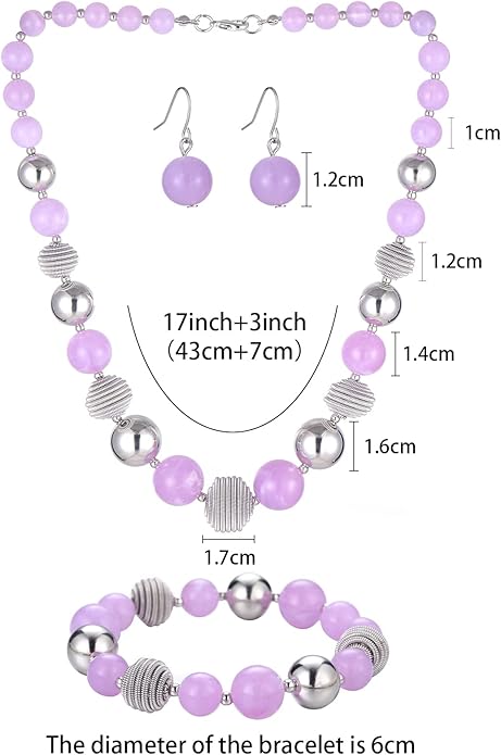 PEARL&CLUB Beaded Chunky Statement Necklace Earring and Bracelet Set Silver Metal Bead Fashion Jewelry Set Mothers’ Day Gifts for Women