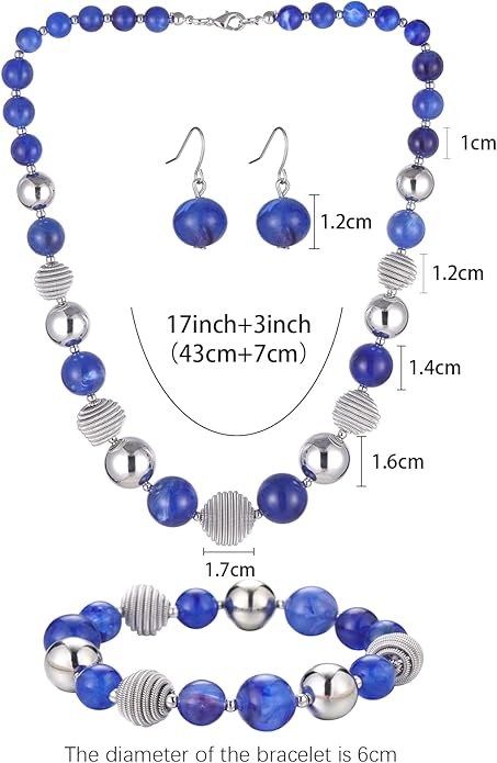 PEARL&CLUB Beaded Chunky Statement Necklace Earring and Bracelet Set Silver Metal Bead Fashion Jewelry Set Mothers’ Day Gifts for Women