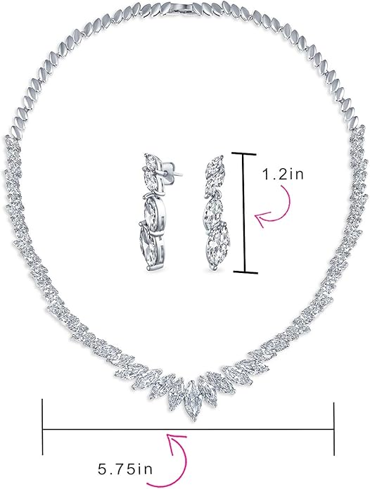 Bridal Jewelry Set Art Deco Vintage Estate Style Cubic Zirconia Marquise Leaf Teardrop AAA CZ Statement Cleavage Choker Necklace & Chandelier Dangle Clip On Or Pierced Earrings For Women Pageant