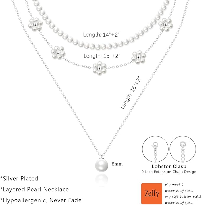 Zeffy Gold Pearl Necklace for Women, Dainty 14K Gold/Silve Plated Layered Pearl Choker Pearl Earrings Pearl Bracelets Wedding Trendy Gold Jewelry Set for Women Gifts