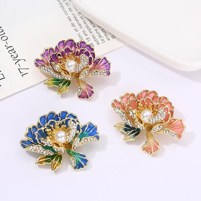 3Pcs Peony Flower Brooch Pin for Women Elegant Enamel Floral Brooch Set Dainty Cubic Zircon Pearl Lapel Pins Flower Pins for Clothes Hat Dress Accessories Prom Jewelry