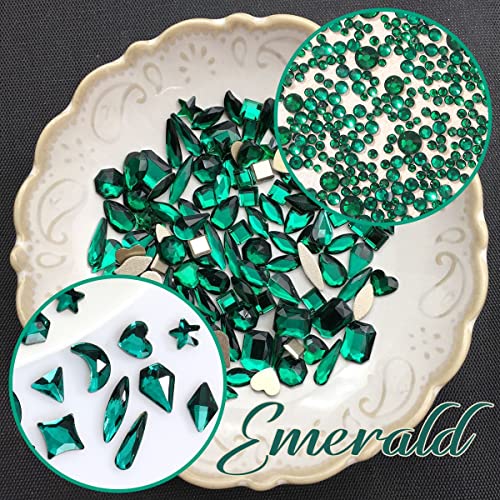 qiipii Emerald Green Nail Rhinestones Multi Shapes Flatback Green Crystals Gems Round Beads K9 Glass Stones Diamonds jewels Nail Art Supplies Nail Charms for Nails Faces Eyes Makeup Crafts DIY - color: Emerald Green, size: B Set