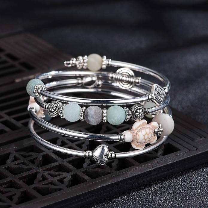 BULINLIN Layered Wrap Bangle Turquoise Bracelet - Bead Bracelet with Natural Agate Stone, Gifts For Women