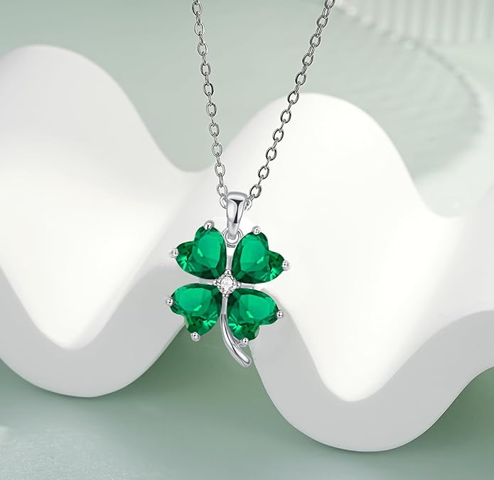 VONSSY Four Leaf Clover Necklace Earrings Shamrock Irish ST Patricks Jewelry Set Gift 18k Gold Plated Green Emerald Zircon Diamond Crystal Lucky Saint Pendant for Woman Wife Girlfriend Mom