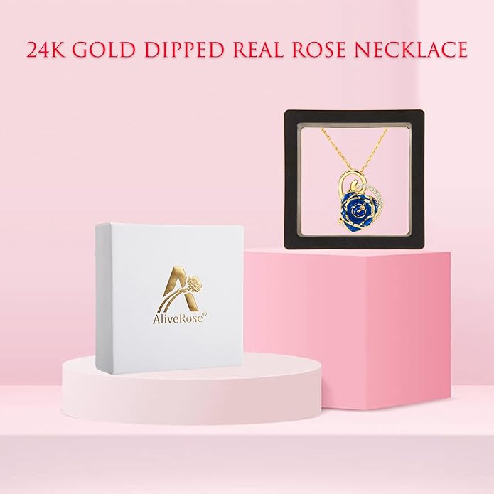 AliveRose Real Rose Gold Dipped Necklace Gifts for Women, 24K Gold Dipped Rose Pendant Necklace Jewelry Mothers Day Anniversaries Birthday Christmas Special Occasions Gifts for Her Mom Wife