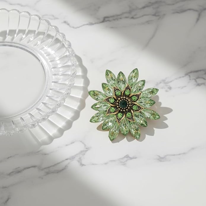 Large Crystal Flower Brooch Pin for Women, Green Rhinestone Floral Lapel Jewelry for Dress Suit Hat Bag, Elegant Dance Party Banquet Accessory, Unique Anniversary Birthday Present