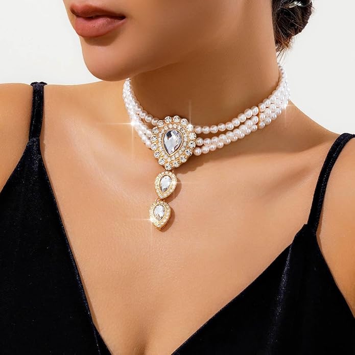 Brishow Pearl Choker Necklaces Set Green Crystal Bridal Jewelry Sets for Wedding Layered Pearl Costume Jewelry Bracelets Set for Women