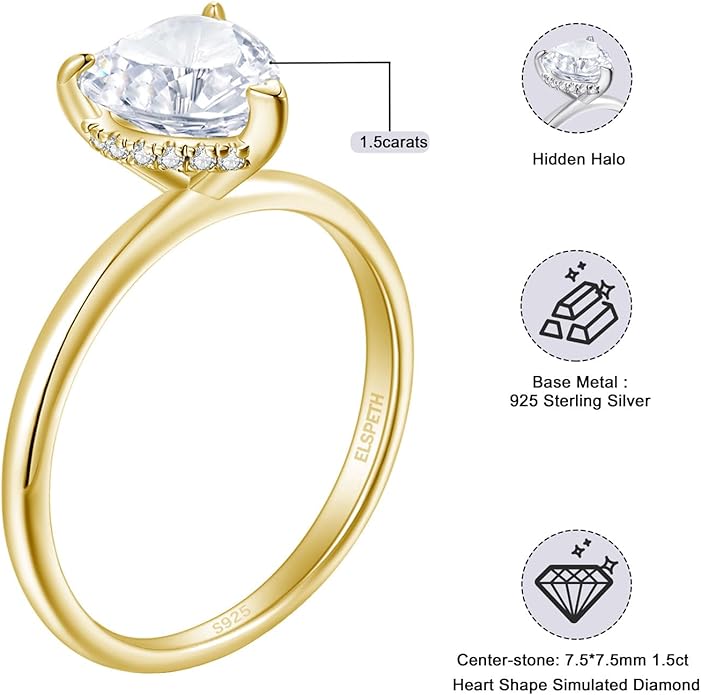 Elspeth 925 Sterling Silver Heart Engagement Ring for Women Heart Cut Cubic Zirconia Promise Ring Size 4-10