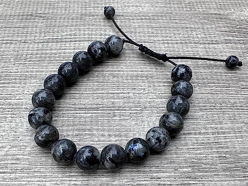 GAF TREASURES Grade A ++ Gemstone Round Bead Adjustable Bracelet 10mm, Genuine Crystal Bead Bracelet, Gift for Men & Women - color: Black Labradorite