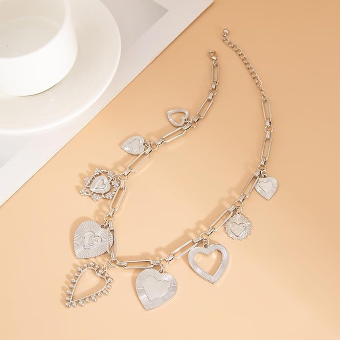 Chunky Gold Necklace Big Heart Necklace for Women Silver Large Statement Necklaces Thick Bold Chain Puffy Love Heart Charm Necklaces for Women with OT Toggle Silver Chunky Gold Jewelry Trendy Valentine's Day Gift