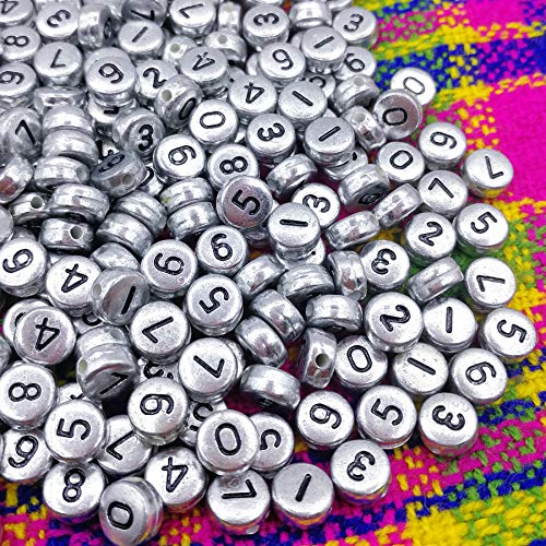 Amaney 500pcs Silver Acrylic Number Beads 7x4mm Mixed Number Beads Acrylic Plastic Round Shape Loose Beads - color: Silver, size: 7x4mm