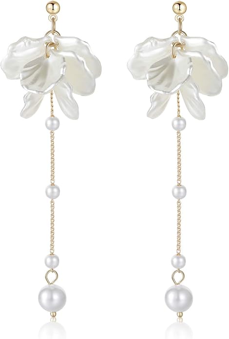 Kruckel Pearl Flower Long Drop Dangling Earrings - Cute Sparkly Golden Stud Lightweight Women Jewelry, White Petal Dangles, Easy - Wear Fashion Design Accessory with Durable Jewelry Box