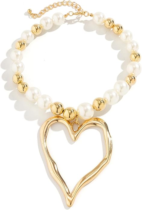 Exaggerated Heart Pendant Pearl Necklace,Charming Plated Gold Chunky Love Ball Statement Choker,Sweet Heart Beaded Collar Necklace for Women