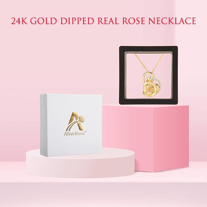 AliveRose Real Rose Gold Dipped Necklace Gifts for Women, 24K Gold Dipped Rose Pendant Necklace Jewelry Mothers Day Anniversaries Birthday Christmas Special Occasions Gifts for Her Mom Wife
