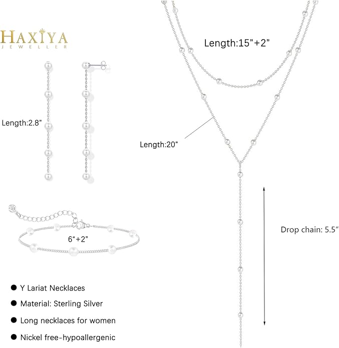 Lariat Gold Necklace for Women Dainty Long Necklace 14k Gold Plated/Silver Y-Shaped Pendant Drop Chain Trendy Layered Pearl/Beaded/CZ Necklaces Simple Gold Jewelry For Women Gift