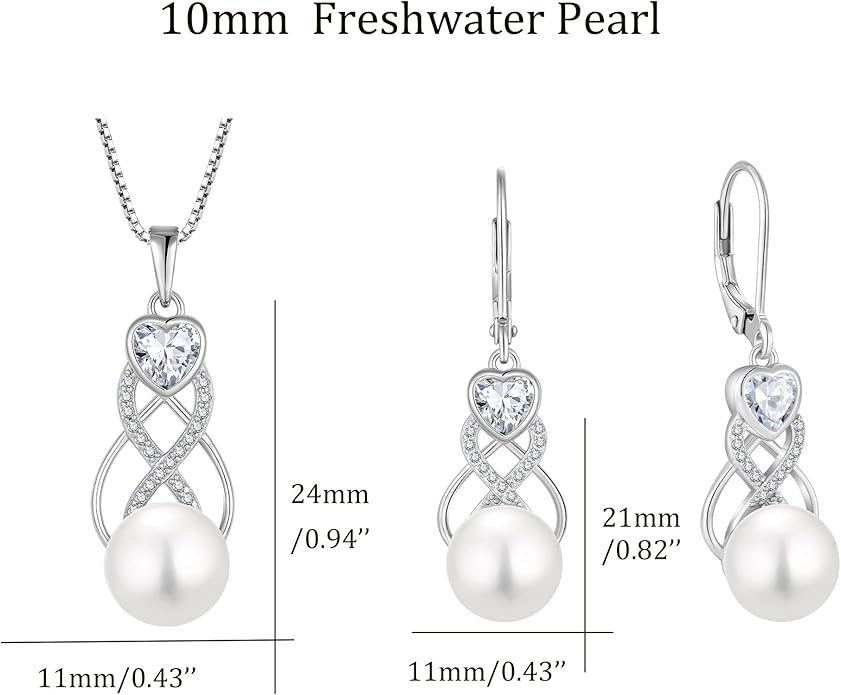 Pearl Earrings Necklace Jewelry Set for Women 925 Sterling Silver Heart Simulated Diamond Freshwater Pearl Jewelry Gift for Her