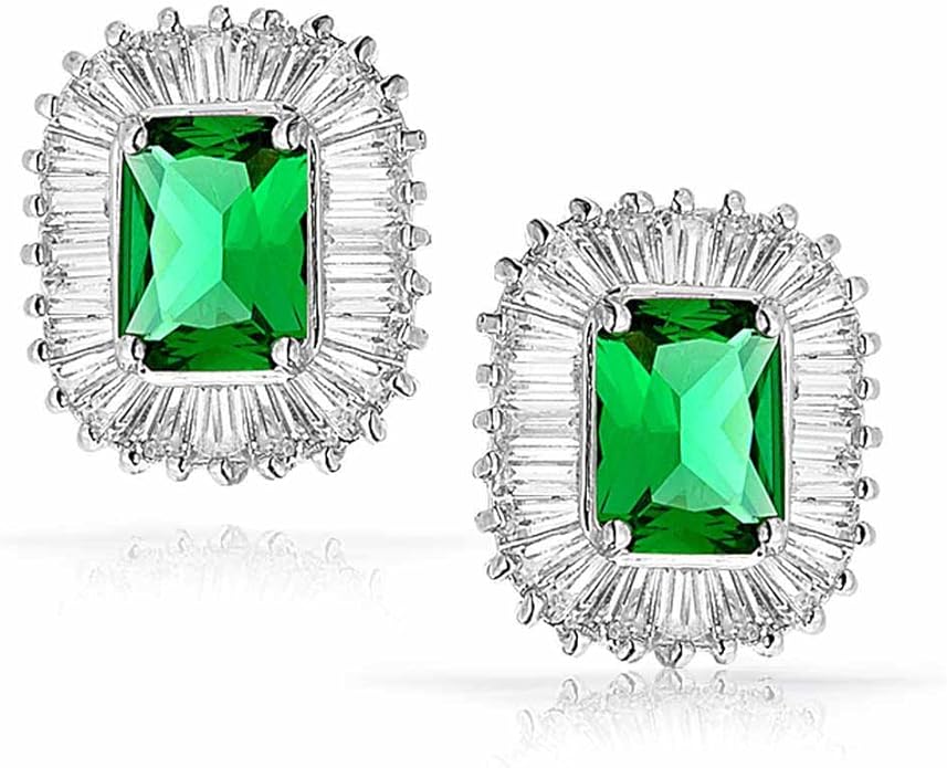 Bridal Art Deco Estate Jewelry Style Fashion Simulated Emerald Green Cubic Zirconia Pave Baguette Halo AAA CZ Square Large Oval Stud Clip On Earrings For Women Wedding Yellow 14K Gold Silver Plated