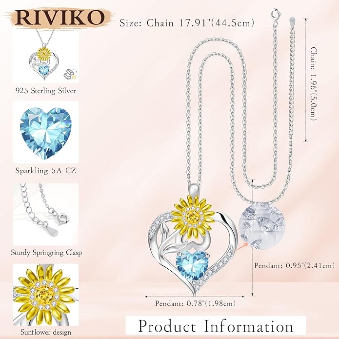 RIVIKO Valentine's Day Gifts for Her-Sunflower Birthstone Necklace for Women,925 Sterling Silver Heart Pendant,Anniversary Birthday Gifts for Women,Birthstone Jewelry for Wife Mother