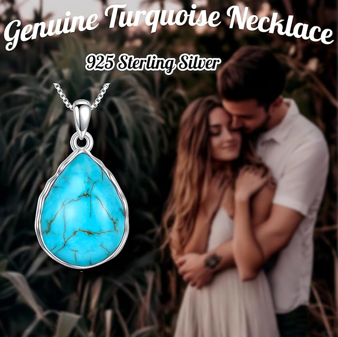 Genuine Turquoise Teardrop Necklace,925 Sterling Silver Native American Boho Western Dainty Pendant Real Gemstone Jewelry Birthdays Gift for Women Minimalist Lover