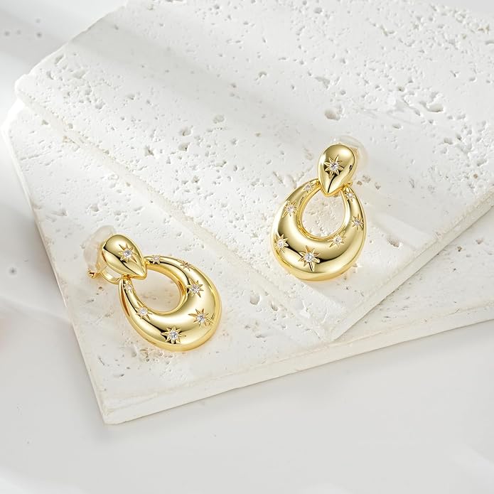 Clip on Earrings for Women Hypoallergenic Statement Retro Clip Earrings 14K Gold/Silver Plated Hoop Dangle Earrings 5A Cubic Zirconia Round Multiple Styles for Women Fashion Trendy Jewelry Gifts