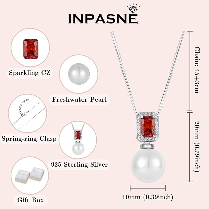 Pearl Jewelry Set 925 Sterling Silver Garnet Necklace Earrngs Emerald Cut January Birthstone Jewelry Gifts for Her