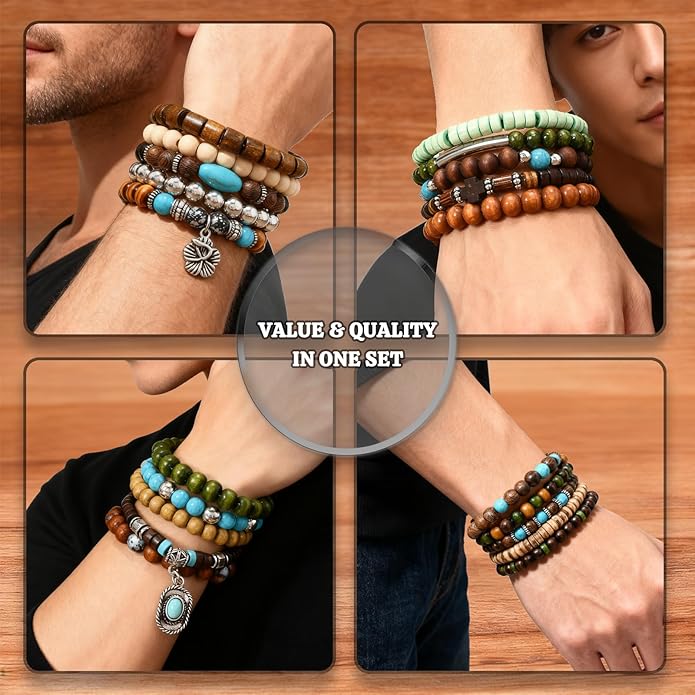 Punk Beaded Bracelets Pack for Men Women, Mens Bracelet Set with Beads, Mens Bead Bracelet Stackable Gothic Boho Adjustable Men Bead Bracelet Pack