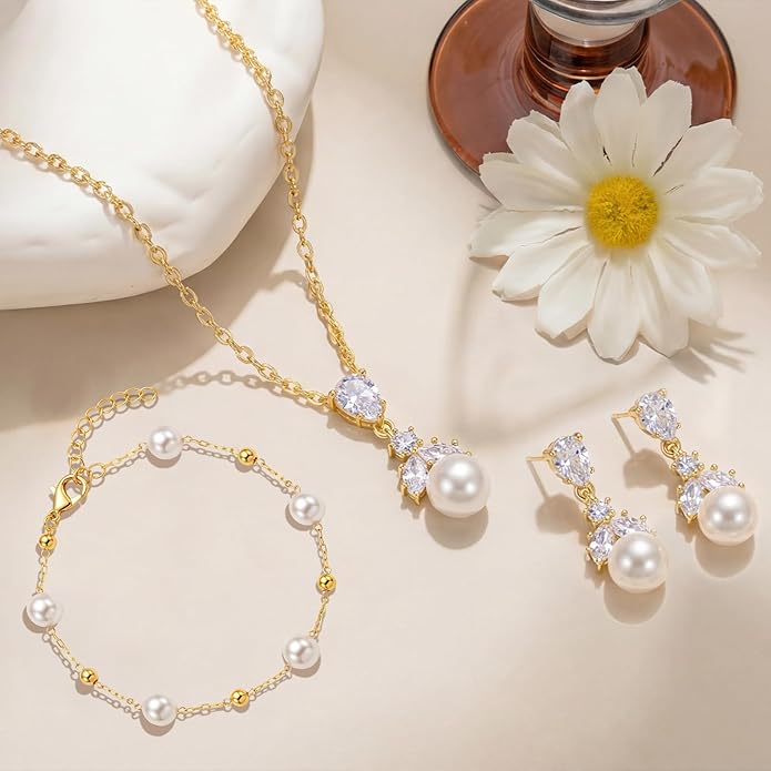 Hadskiss Wedding Jewelry Sets for Women/Brides/Bridesmaids, Cubic Zirconia Pearl Necklace Earrings Bracelet Set 18K Gold Plated Hypoallergenic Jewelry for Wedding Prom Party
