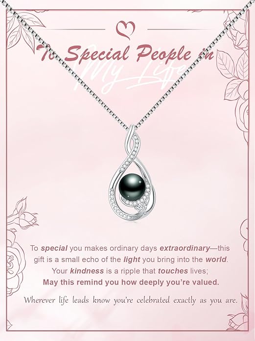 Tahitian Black Pearl 18K White Gold Plated Sterling Silver Heart/Infinity/Four Leaf Clover Pendant Necklace Jewelry Gifts for Women Wife Mom Girlfriend Wedding Birthday Anniversary Christmas