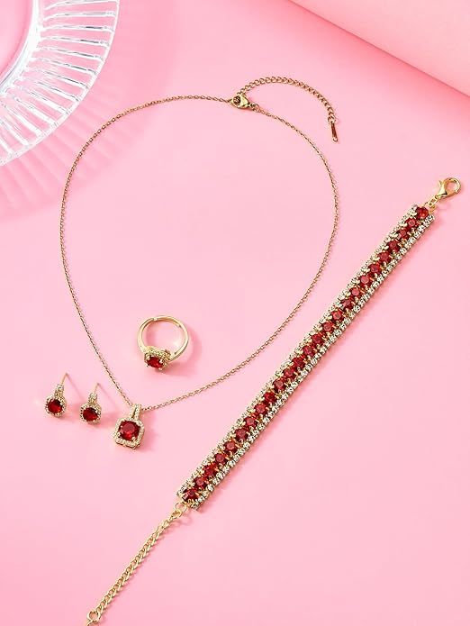 4pcs Cubic Zirconia Wedding Jewelry Sets for Bride Bridesmaid Cubic Zirconia Pendant Necklace Earrings Link Tennis Bracelet Open Ring Set for Women