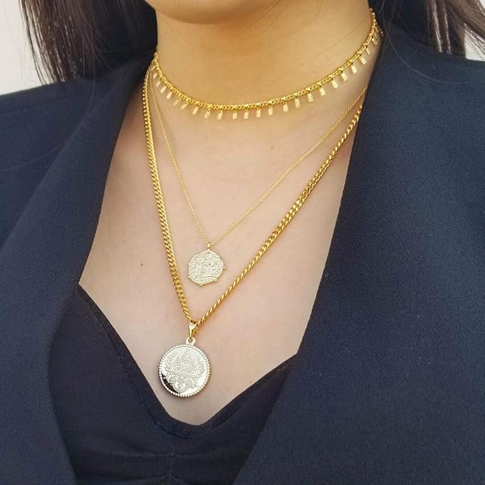 Aobei Pearl 18K Gold Plated Moon Star Lion Evil Eye Love Heart Cross Pendant Necklace Medallion Paperclip Chian Choker Layering Jewery for Women