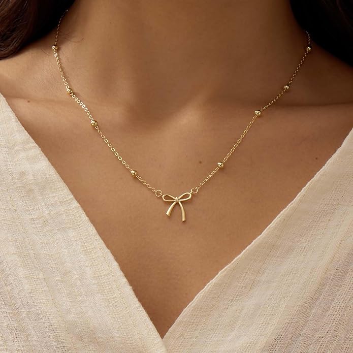 Valentines Day Gifts for Her - Dainty Bow Necklace for Women 14K Gold Plated Cute Choker Small Pendant Charm Necklaces Teen Gift Trendy Stuff Personalized Jewelry
