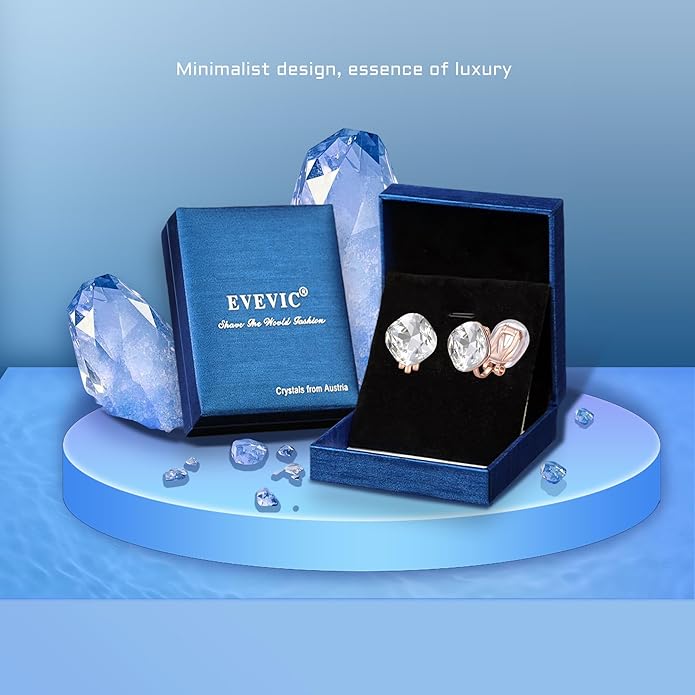 EVEVIC Austrian Crystal Square Cilp On Earrings for Women 14K Gold Plated Non Pierced for Sensitive Ears Jewelry Gifts for Anniversary