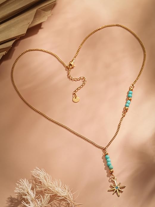 MINACHI Bohemian Created Turquoise Beaded Y-Necklace, Turquoise-toned Multi-shaped Pendant, Dainty Elegant Jewelry for Women