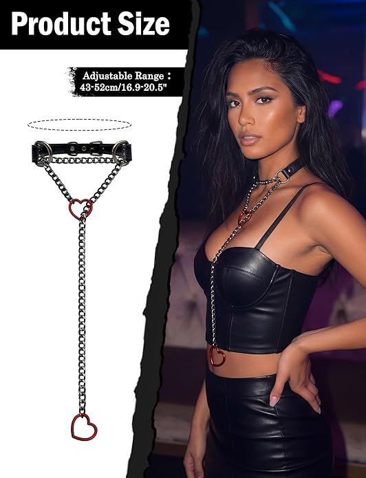 FEOYA Black Leather Heart Choker Necklace for Women Punk Gothic O-Ring Slip Chain Collar with Adjustable Buckle