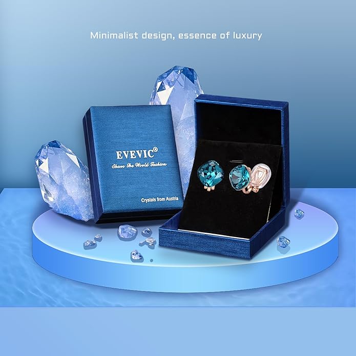 EVEVIC Austrian Crystal Square Cilp On Earrings for Women 14K Gold Plated Non Pierced for Sensitive Ears Jewelry Gifts for Anniversary