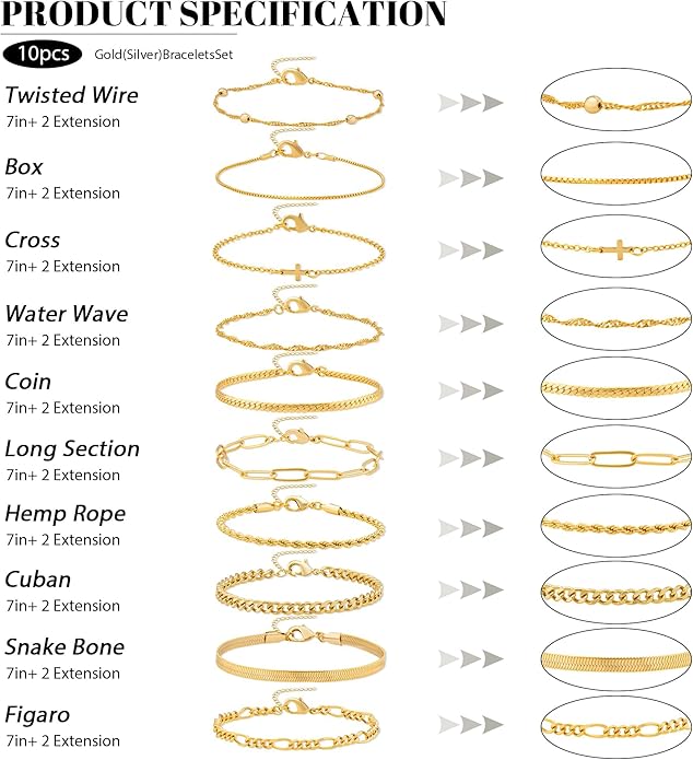 XIANNVXI 10pcs Rose Gold/Gold/Silver Bracelets Stack for Women Dainty Thin Rose Gold Bracelets Set Silver Chain Bracelet Paper Clip Stackable Figaro Herringbone Paperclip Bracelet Pack for Womens