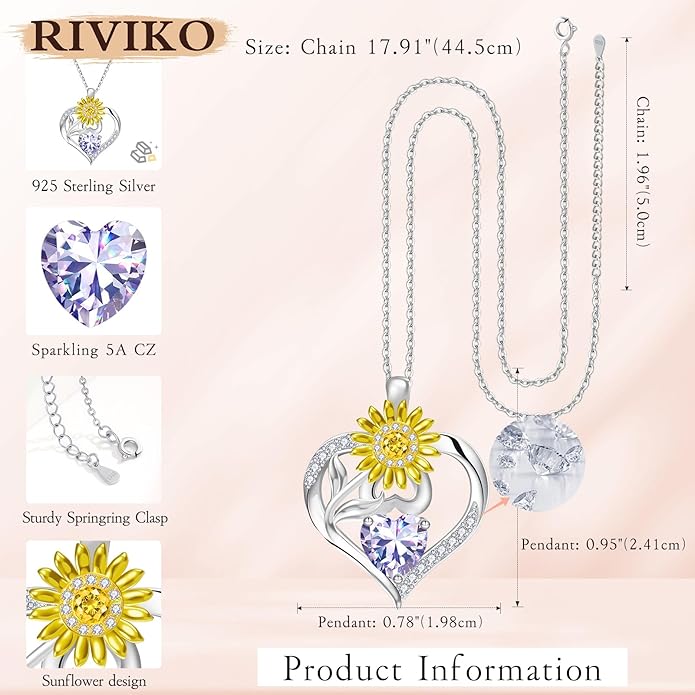 RIVIKO Valentine's Day Gifts for Her-Sunflower Birthstone Necklace for Women,925 Sterling Silver Heart Pendant,Anniversary Birthday Gifts for Women,Birthstone Jewelry for Wife Mother